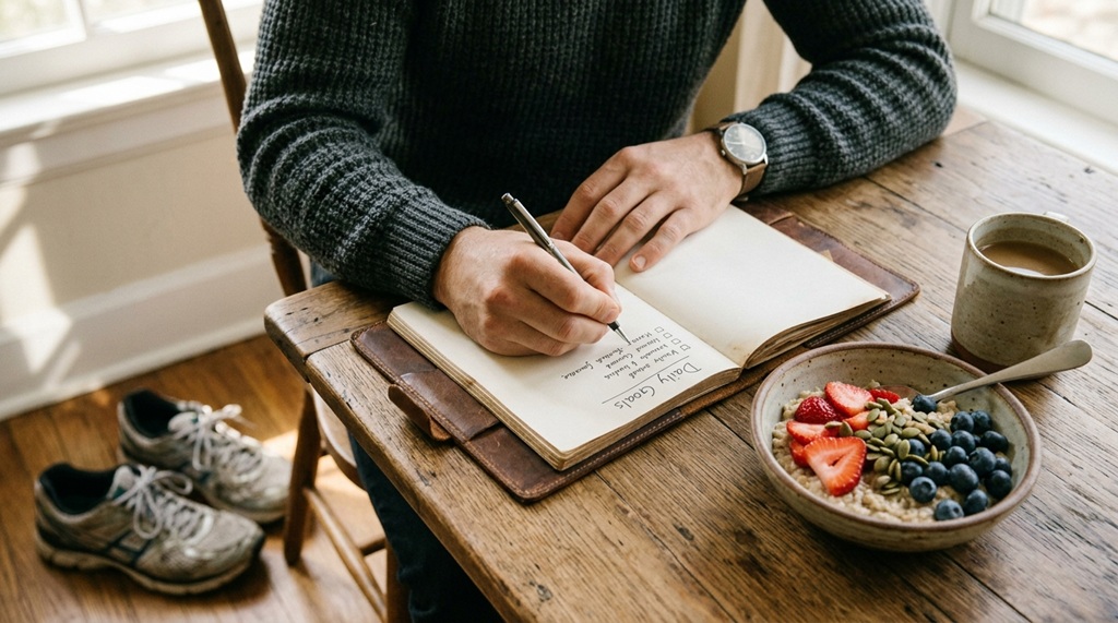 A man writing daily goals in a notebook next to a healthy breakfast bowl.