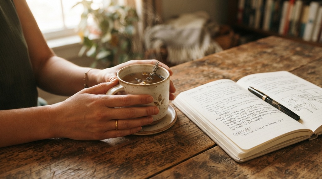 Person holding a warm tea mug beside an open journal on a desk.