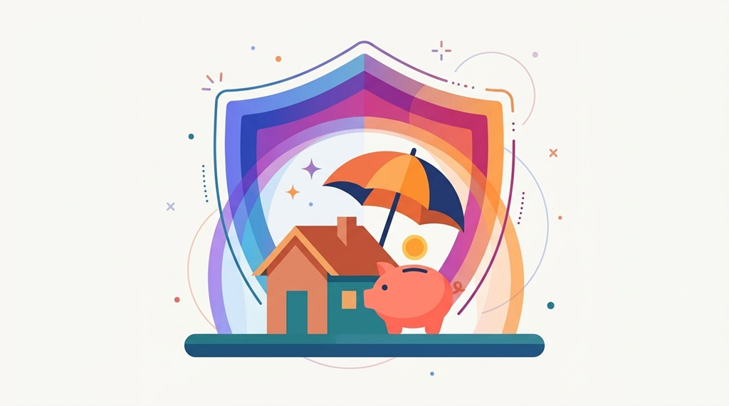 A digital graphic showing a protective shield over money and a house.