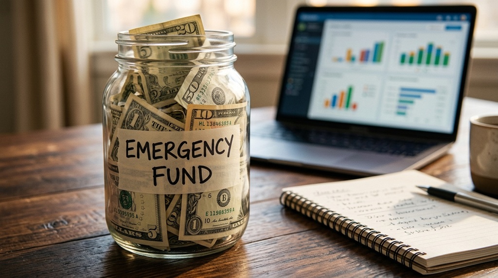 A clear jar labeled emergency fund filled with cash on a wooden desk.