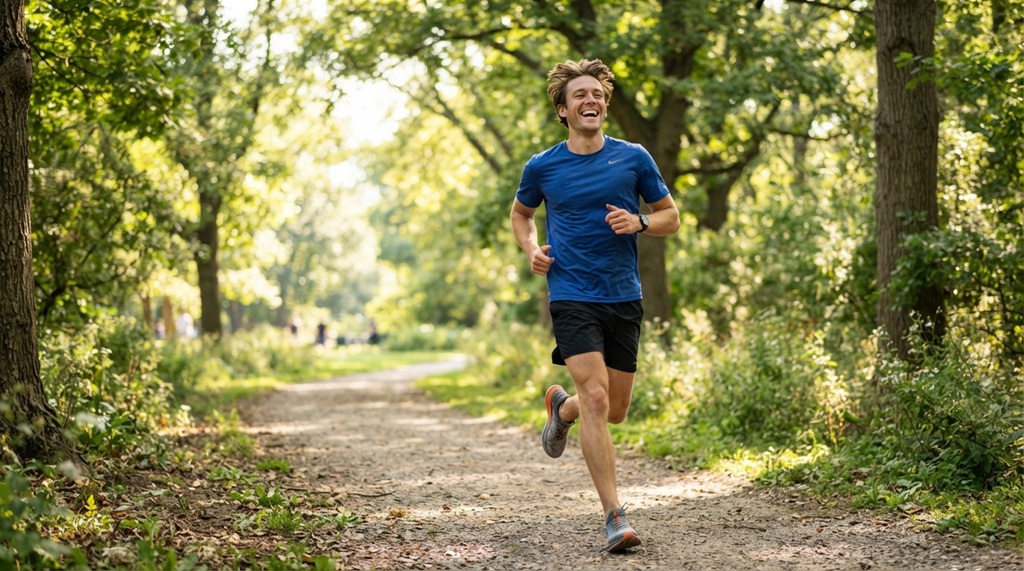 A man happily running through a sunlit park during a morning workout.