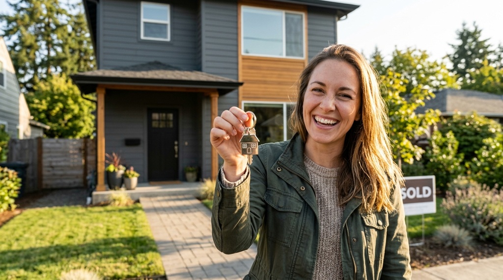 A happy homebuyer holding keys in front of a starter home.
