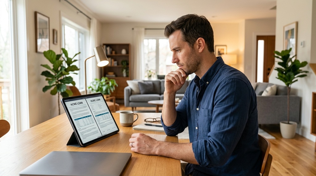 A man comparing fixed and adjustable mortgage documents on a tablet.