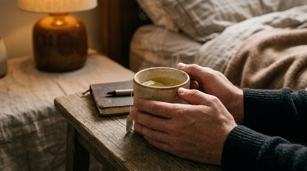 Hands holding steaming cup herbal tea bedside table evening.