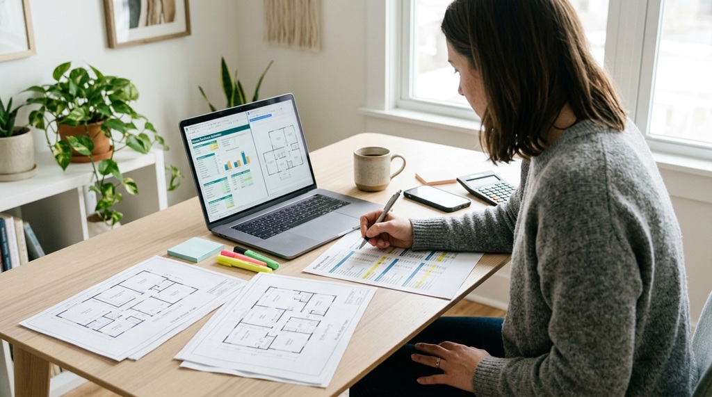 A homebuyer reviewing budget documents and plans on a laptop.