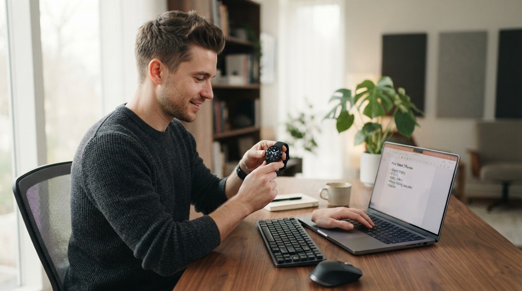 A man typing review notes on his laptop beside a smartwatch.
