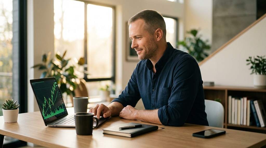 A man analyzing green stock market growth charts on a laptop.