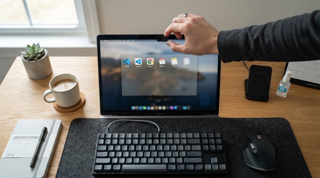 Person attaching privacy slide cover over laptop webcam on modern desk.