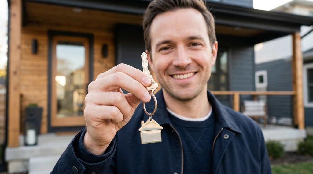 A man holding silver keys in front of a modern house.