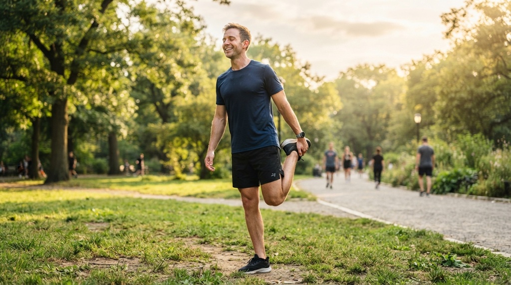 A man smiling while stretching outdoors after completing a workout.