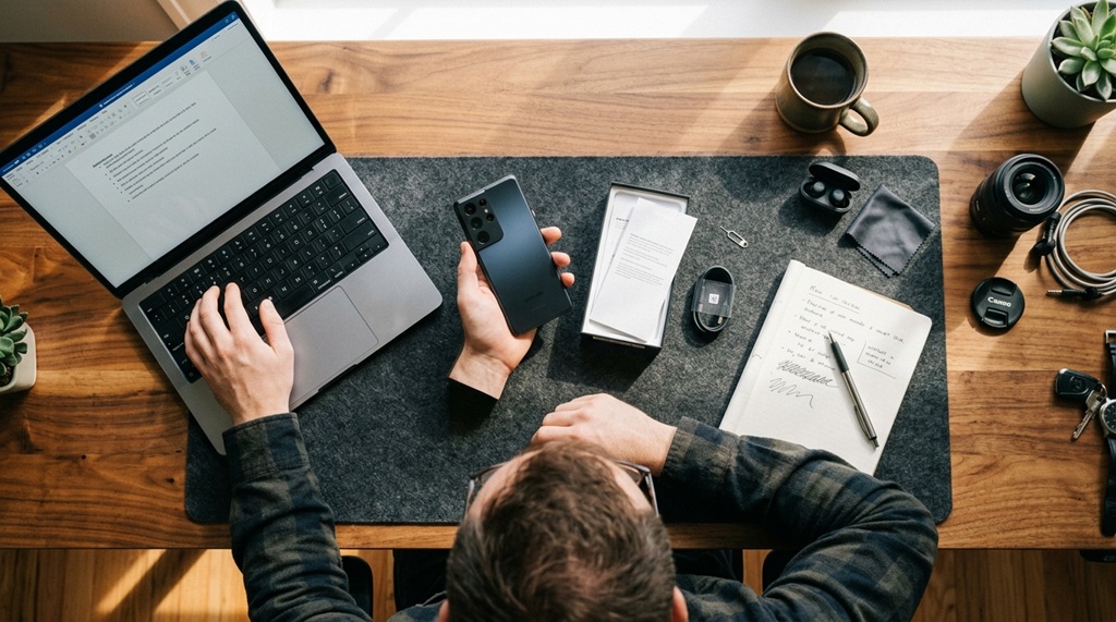 Man inspecting smartphone product while writing notes on laptop.