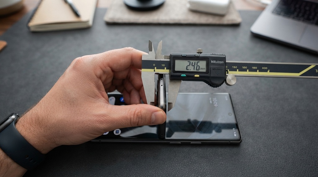 A male hand measuring smartphone dimensions using digital calipers.