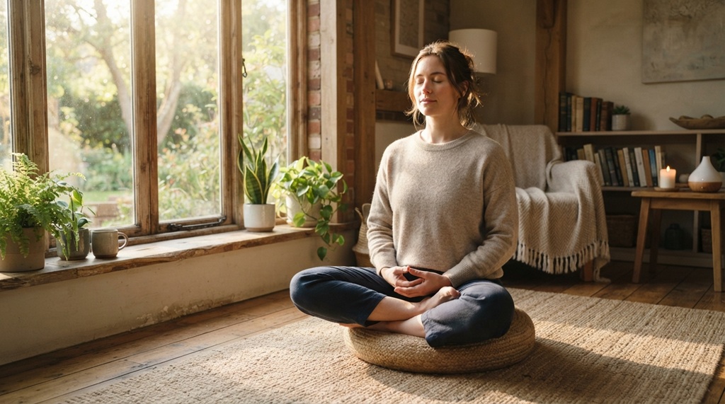 Woman sitting in soft sunlight meditating peacefully in a calm room.