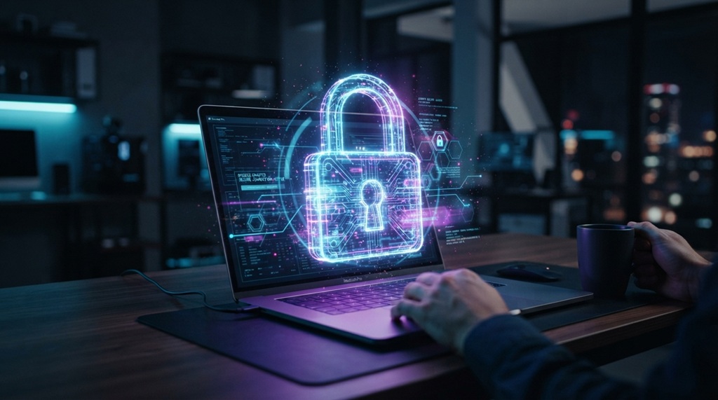 Glowing digital padlock floating around laptop screen showing online privacy protection.