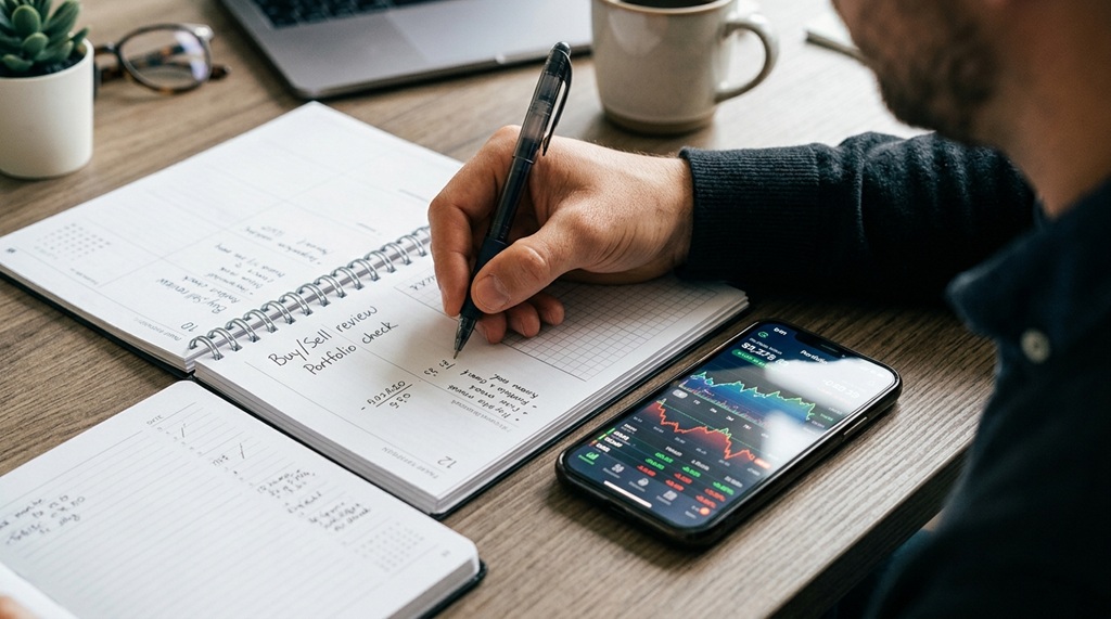 A man taking notes while reviewing an investment portfolio on a smartphone.