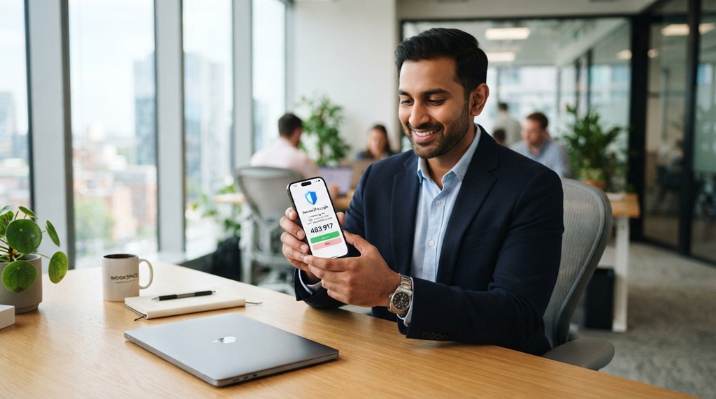 Male professional checking two-factor authentication code on smartphone at desk.