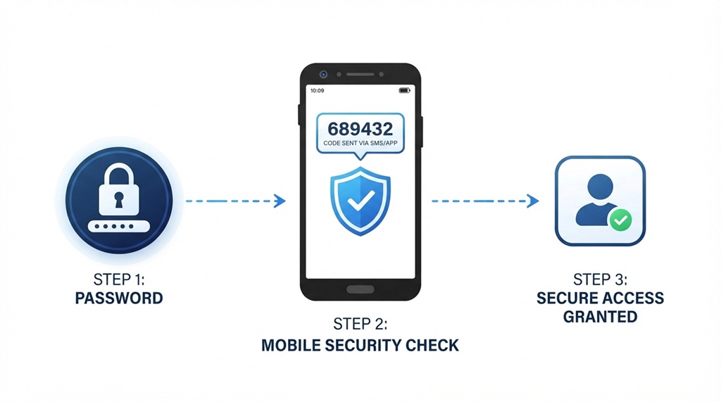 Digital diagram showing password and phone verification layers for two-factor authentication.