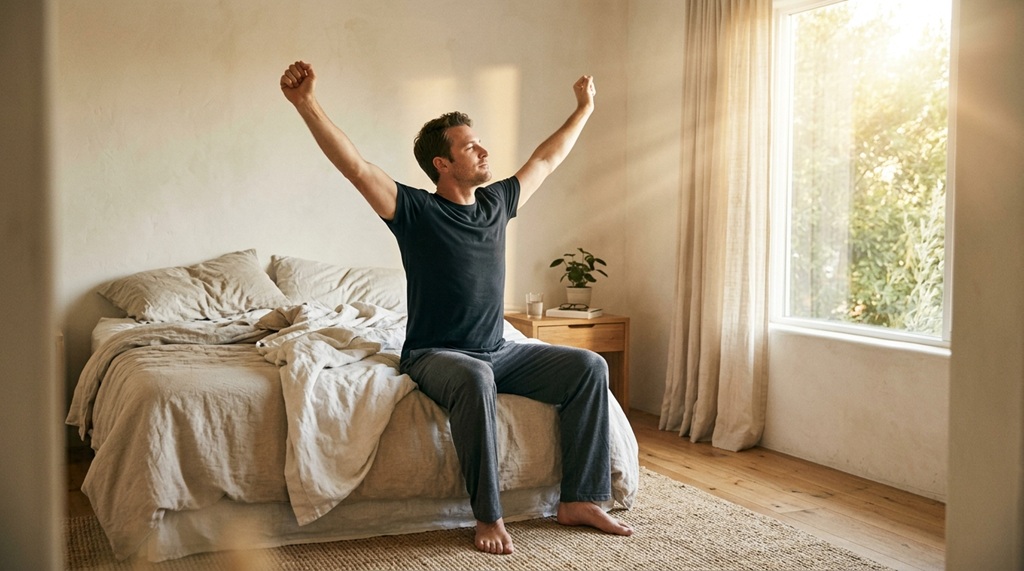 Man stretching in bed with morning sunlight coming through window.