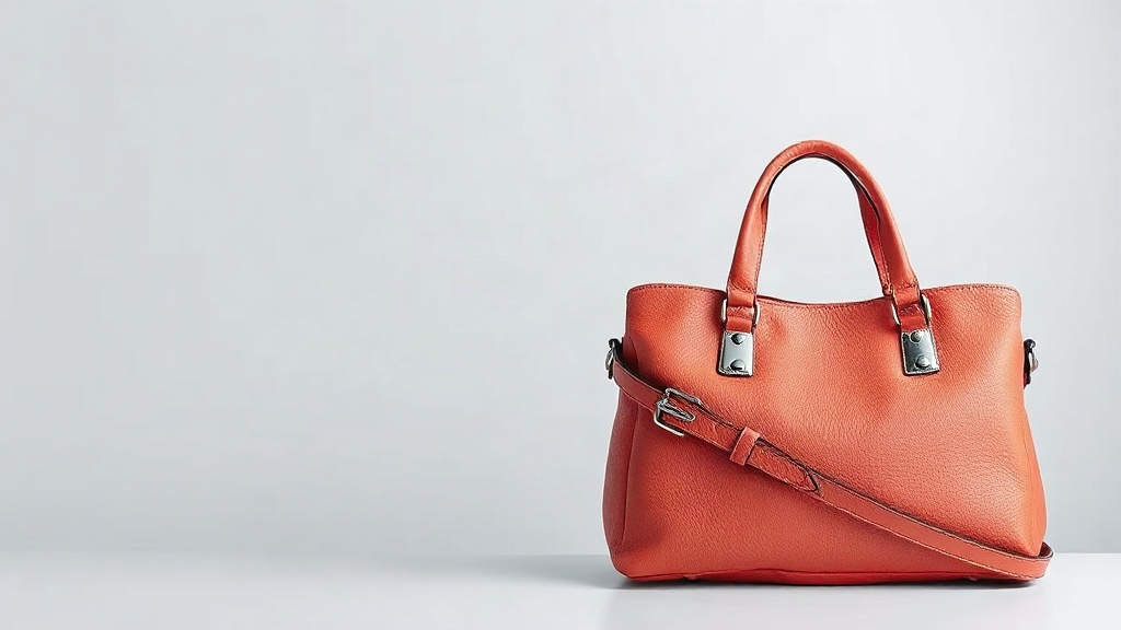 Orange leather handbag with top handles and a shoulder strap on a white surface.