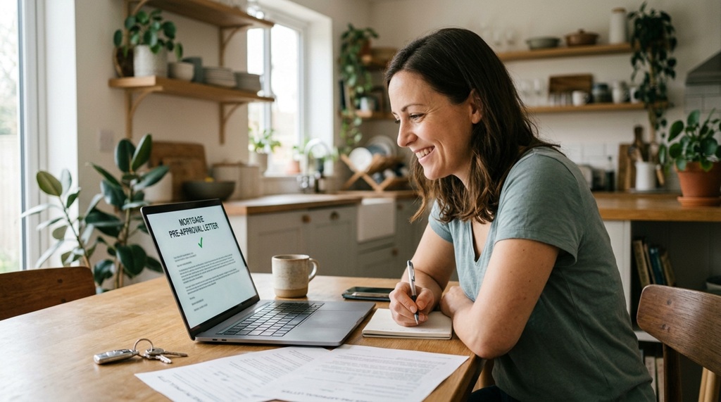 Homebuyer reviewing mortgage preapproval letter on laptop at home.