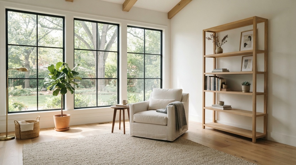 An open bright room with a neutral armchair and a sparsely filled bookshelf.