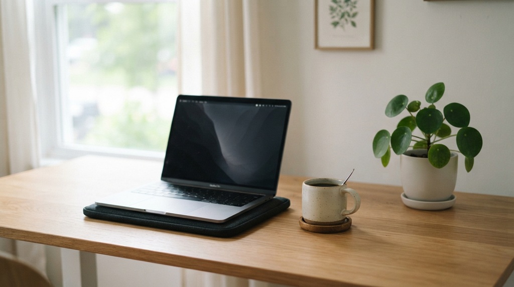 A tidy wooden desk with a laptop, ceramic mug, and small plant in natural light.