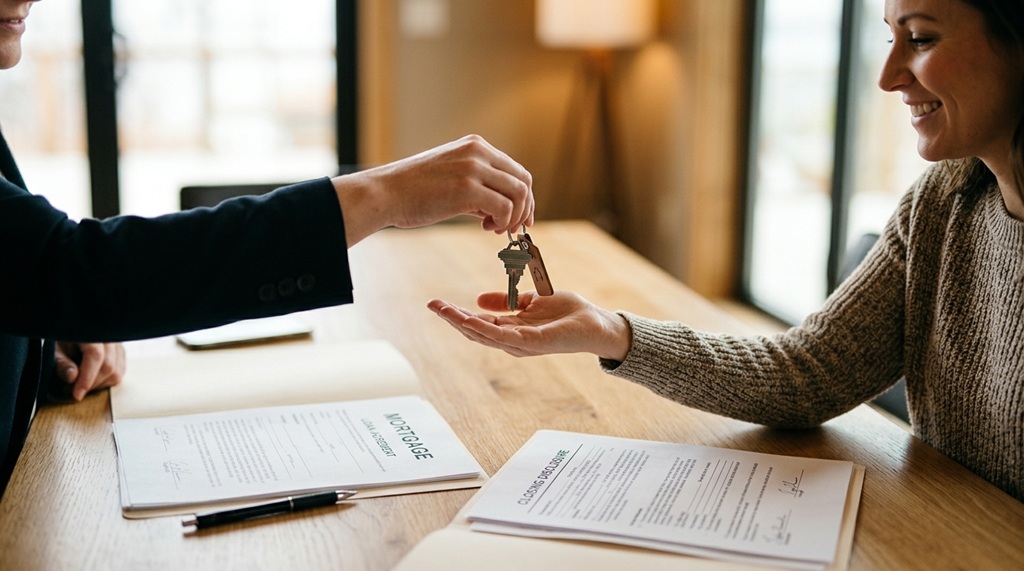 Hands passing home keys over mortgage preapproval documents on table.